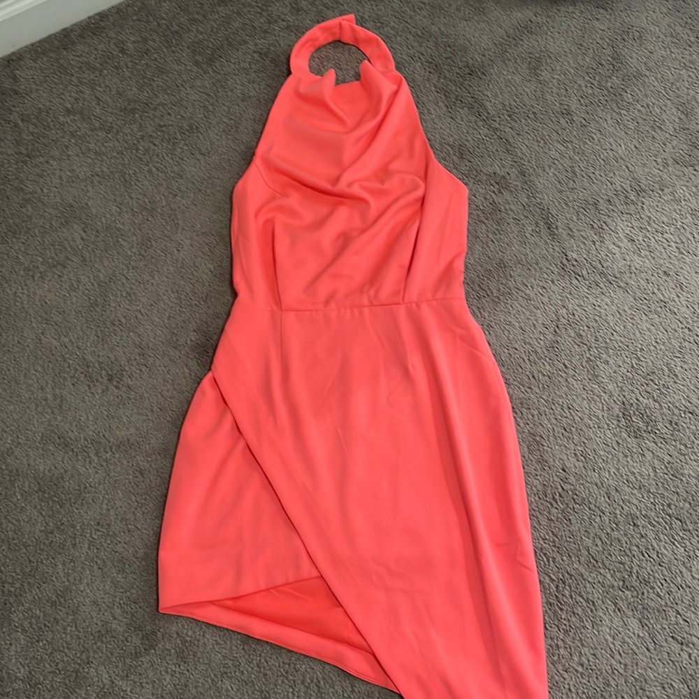 ELLIAT (from Revolve) neon pink asymmetrical hem halter dress. Size S.